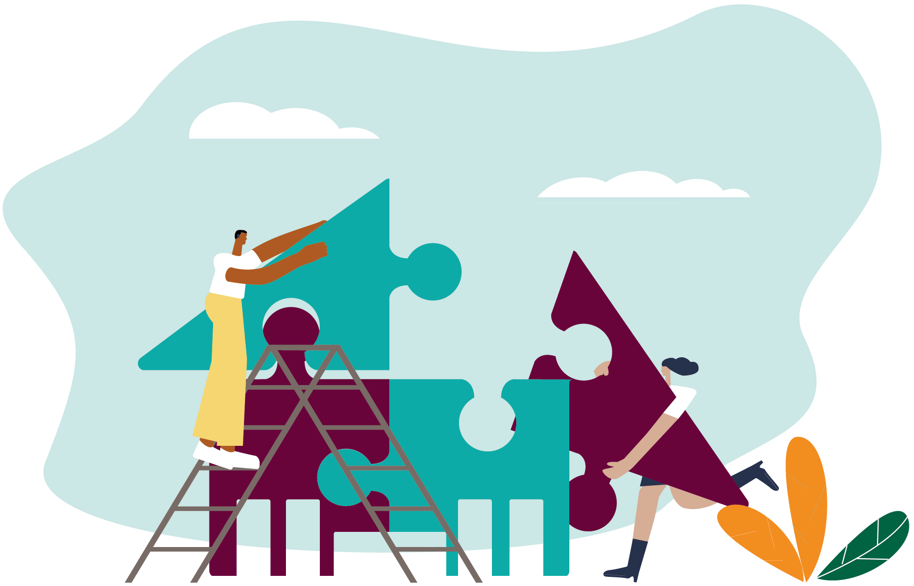 Banner image of two people using puzzle pieces to build a structure
